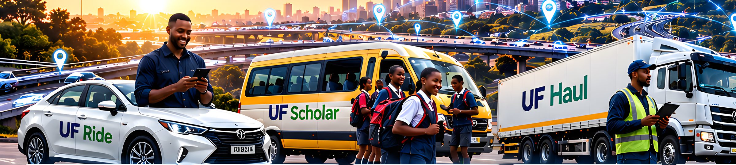 UF Ride car, UF Scholar bus with learners and a UF Haul truck on a Johannesburg highway