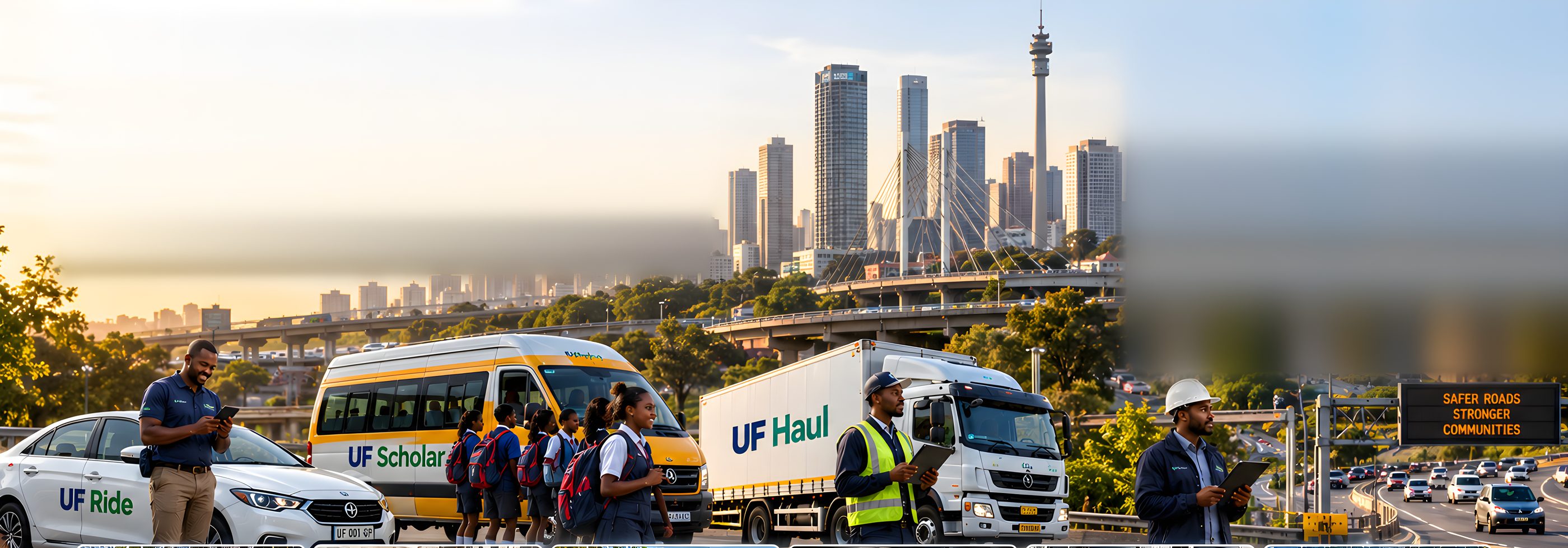 UrbanFlow Ride car, UrbanFlow Scholar bus with learners and an UrbanFlow Haul truck below the Johannesburg skyline